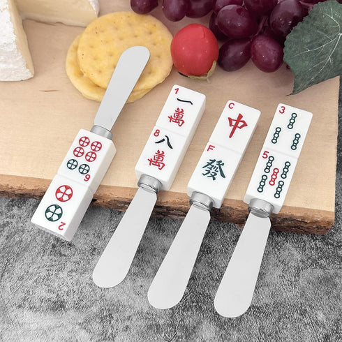 Mahjong Tile Cheese Spreaders, Hand-Painted Resin Handles with Stainless Steel Blades for Spreading Cream Cheese, Butter, and Jam, Assorted Design...