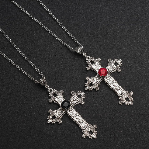 Gothic Cross Necklace Silver-Tone Pendant with Black or Red Glass Stone, on 25” Steel Chain, Cross Necklace for Women, Large Goth Silver Cross Nec...