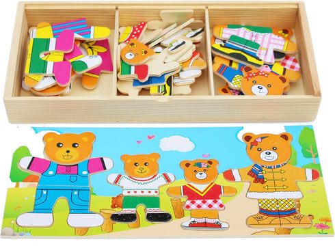 TOWO Wooden Bear Family Dress up Puzzle Box - Sorting and Matching Jigsaw Puzzle - Wooden Sorting Toys for 3 year old - Wooden Puzzles for 3 years...