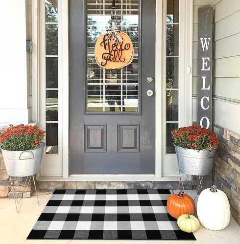 KOZYFLY Buffalo Plaid Area Rugs 2x3 Ft Black and White Checkered Rug Washable Front Door Mat Hand Woven Cotton Outdoor Rug Small Rug for Front Por...