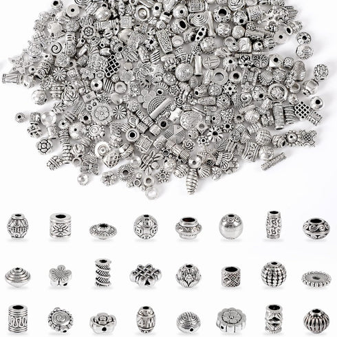 UPINS 300Pcs Silver Spacer Beads for Jewelry Making Metal Tibetan Antique Beads Bracelet Necklace Crafts Alloy Loose Beads with Radom Styles for D...