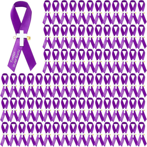 100 Pcs Cross Funeral Ribbons Memorial Ribbon Memorial Service Respect Ribbon Bow with Safety Pin for Mourning (Purple)...