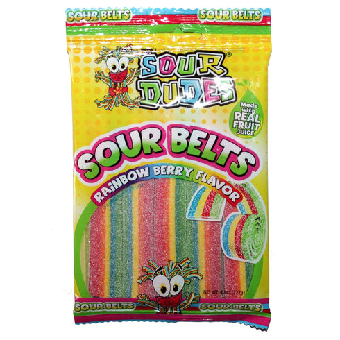 Sour Dudes (1) Bag Sour Belts - Rainbow Berry Flavor - Made With Real Fruit Juice Sour & Sweet Candy - 4.5 oz...