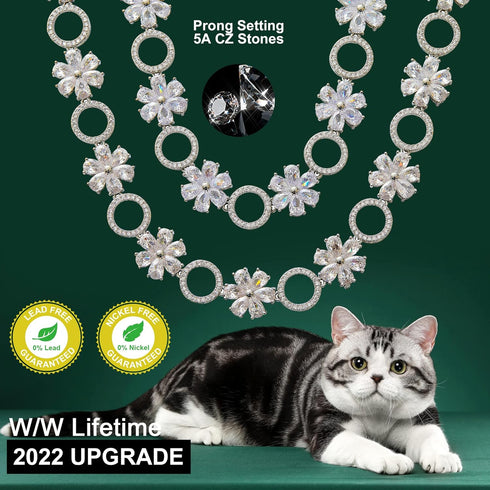 Dog Chain Collar Cubic Zironia Bling Collar for Puppy Kitty Gold Adjustable Cat Collar with Iced Out Crystal Stones Sun Flower (Silver, 10")...