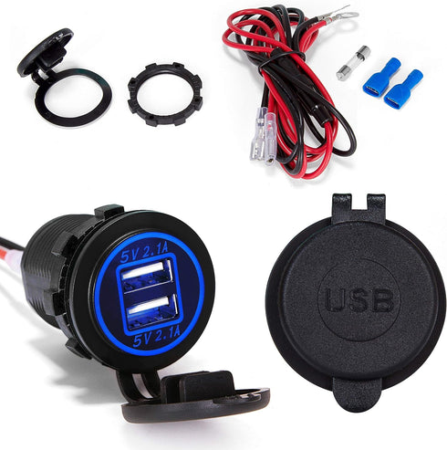 Ginsco Dual USB Charger Socket Power Outlet 2.1A & 2.1A?4.2A? for Car Boat Marine RV Mobile with Wire Fuse DIY Kit Blue LED......