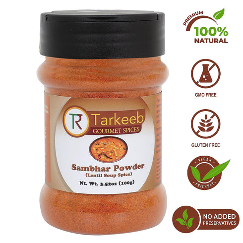 Tarkeeb Sambar Masala (Lentil Soup Spice Blend) South Indian 11-Spice Blend 3.52 oz (100g) Shaker Top PET Jar ~ All Natural | Vegan | No Colors | ...
