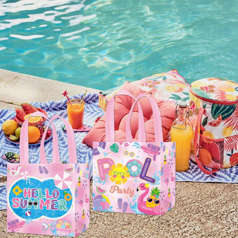 C L cooper life 12pcs Summer Pool Party Gift Treat Bags with Handles Pink Hello Summer Theme Non-Woven Bags for Girls Beach Pool Birthday Party Ha...