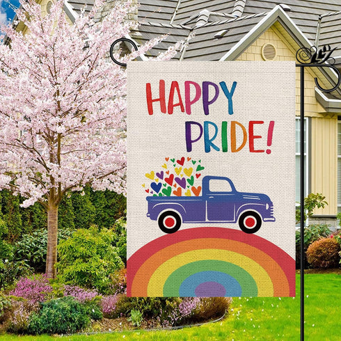 Rainbow Garden Flag Rainbow Truck Vertical Double Sided Happy Pride Flag LGBT Lesbian Gay Transgender Pansexual Flag Farmhouse Yard Outdoor Lawn D...