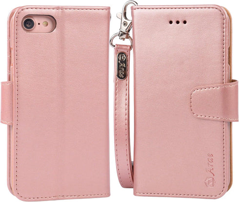 Arae Case for iPhone SE 2022 / iPhone SE 2020 / iPhone 8 / iPhone 7, Wallet Case with Card Holder PU Leather Flip Cover, Rose Gold...