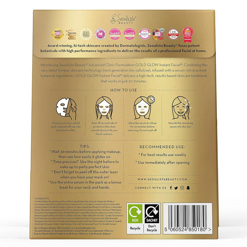 Seoulista Beauty® Advanced Clinic Formulation Gold Glow Instant Facial™ 30ml | Anti-Ageing Face Sheet Mask | Dermatologist Created Korean Skin Car...