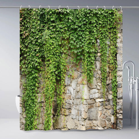 Stone Brick Wall Shower Curtain Green Leaves Garden Landscape Nature Plant Scenery Rustic Marble Rocks Stone Wall Bathtub Curtains Fabric Bathroom...