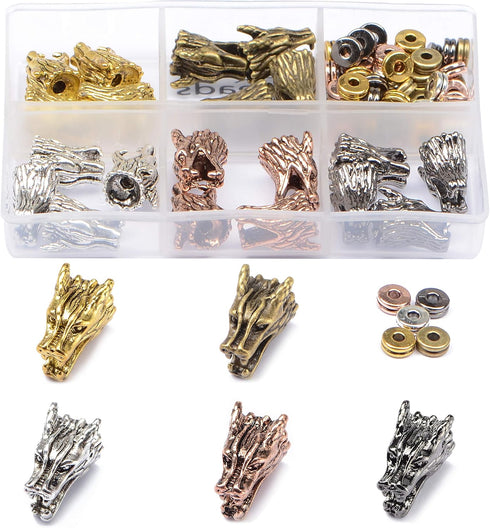AD BEADS 75 Pieces in 5 Colors 25 Pieces Dragon1 Heads Beads Plus Matching 50 Pieces Double Heishi Spacers Connector Charm Beads Jewelry Making Cr...