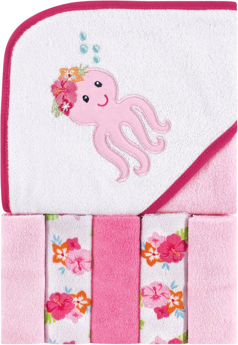 Luvable Friends Unisex Baby Hooded Towel with Five Washcloths, Tropical Octopus, One Size...