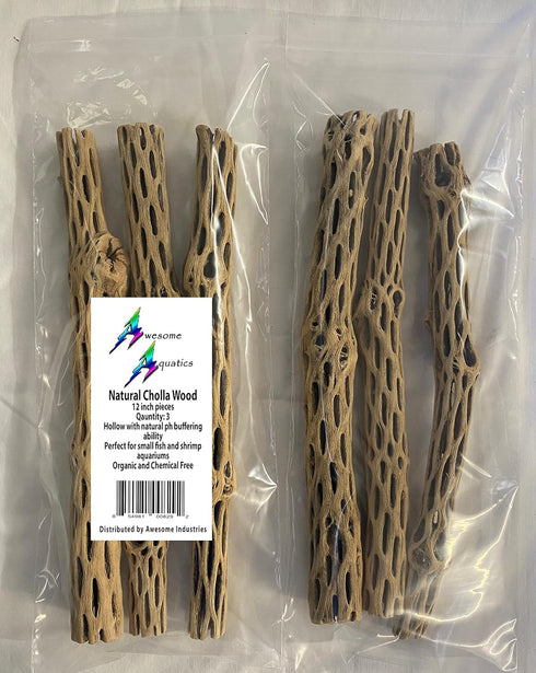 Awesome Aquatic Natural Cholla/Choya Wood 3 Pieces 12” for Shrimp Habitat and Food Treat Hermit Crabs Plecos Aquarium Decoration Lowers pH Hideout...