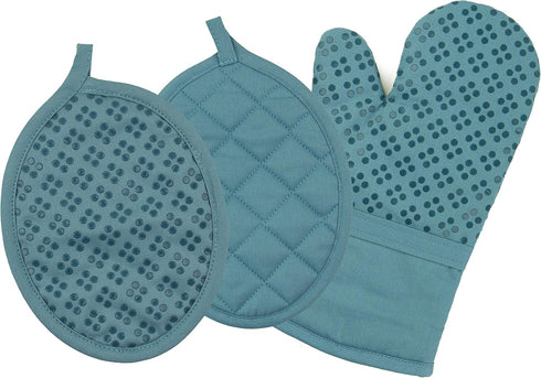 Sticky Toffee Oven Mitt and Pot Holder Set of 3 – Blue Non-Slip Kitchen Hot Pads and Mitts with Silicone Grip, 100% Cotton Shell, Oeko-Tex Cotton...