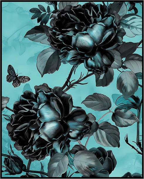 Posterizer 1 pcs-baby blue background with dark flowers-Floral & Botanical Art-Abstract & Modern Art-Decor for Home & Office- UNFRAMED Wall Art...