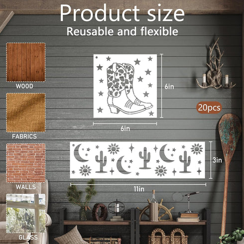 Western Cowboy Painting Stencils - 20 Pcs Reusable Stencils for Painting on Wood, Cowgirl Stencils Painting Template, Western Landscape Scene Sten...