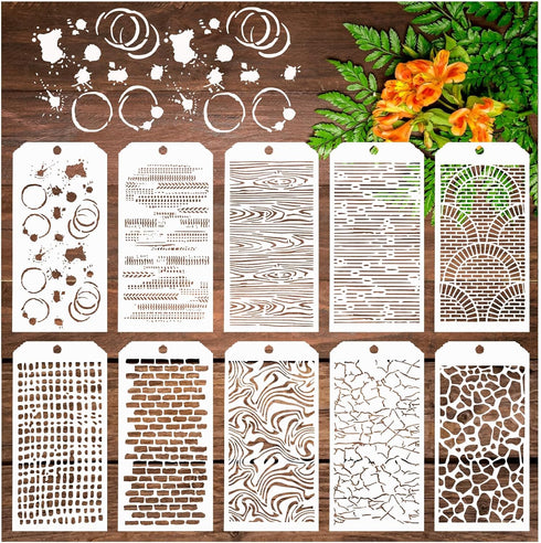 10 Pcs Stencils for Painting for Crafts, Background Texture Stencils Reusable Mixed Crackle Marble Brick Stone Stencil Wood Grain Mixed Media Sten...