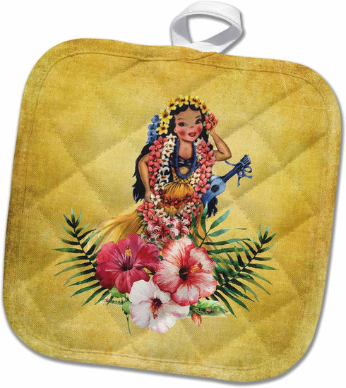 3D Rose Hawaiian Doll in Grass Skirt and Lei with Flowers Pot Holder, 8 x 8...
