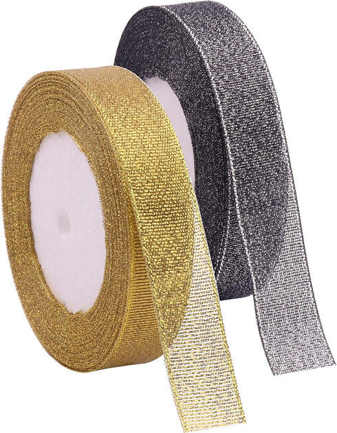 YAKA 2 Rolls 4/5 Inch 50 Yards Polyester Yarn Metallic Glitter Ribbon for Holiday Wedding Birthday Party Decoration Gift Wrapping (Black and Gold,...
