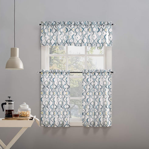 No. 918 Barker Geometric Semi-Sheer Rod Pocket Kitchen Curtain Valance and Tiers Set, 54" x 36", White...
