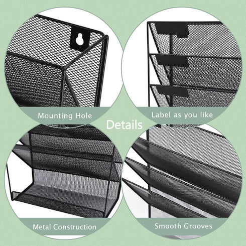 3 Pockets Mesh Wall File Holder Organizer with Bottom Flat Tray, Office Hanging File Folder Magazine Rack, Nametag Label Hooks Set Included, Black...