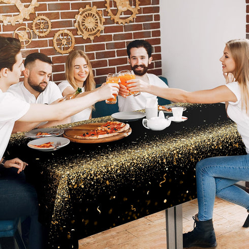 Decor365 9x5 ft Fabric Champagne Gold Tablecloth Black Gold Party Decoration GraduationTable Cover Birthday TableCloths Anniversary Celebration Ne...