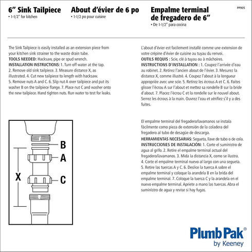 Plumb Pak PP905W Sink Tailpiece, 1-1/2 In Dia X 6 In L, Flanged, Pvc, No Size, White...