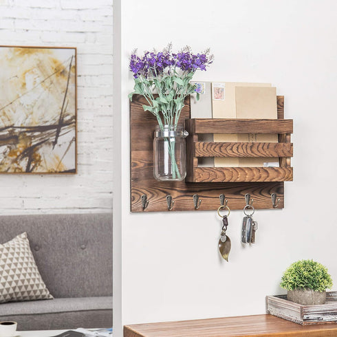MyGift Wall-Mounted Burnt Wood Mail Holder Organizer with 6 Key Hooks & Mason Jar...