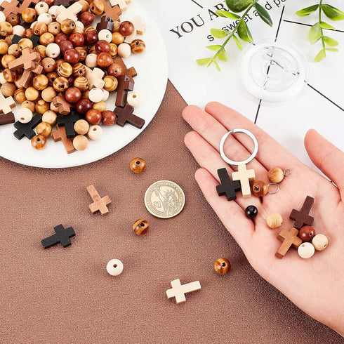 SUNNYCLUE 250Pcs Wood Cross Charms Easter Holiday Small Cross Beads Bulk Wooden Round Beads Unfinished Wood Bead 10mm Beading Keychain Making Kit ...