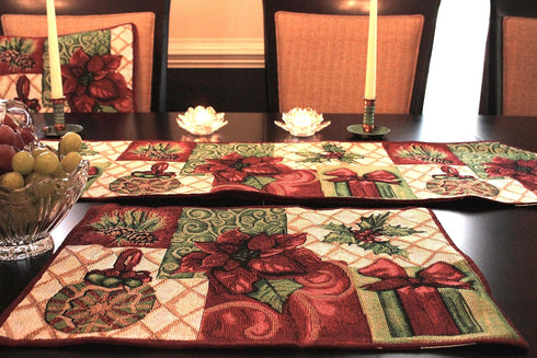 Tache Home Fashion Christmas Green Red Decorative Tapestry Holiday Tidings Poinsettia Table Runners with Tassels, 13 x 90...