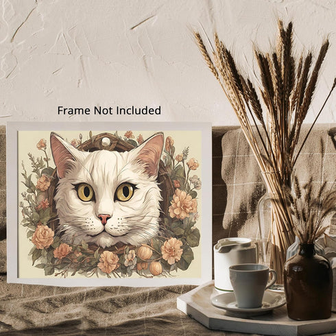 Posterizer 1 pcs- white cat sorrounded by flowers-Art for Animal Lovers-Floral Botanical Art- Gift for Men Women Entrepreneur Teens-Living Room Be...