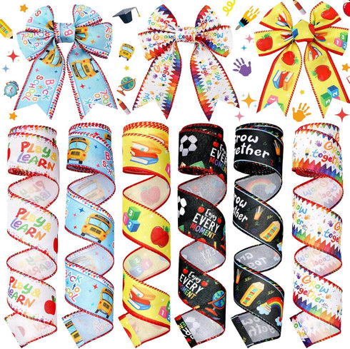 6 Rolls 30 Yards Back to School Ribbon Teacher Appreciation Burlap Ribbons School Bus Pencil Apple Ribbons Back to School Party Decorative for DIY...