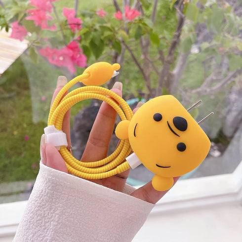 3D Cute Cartoon Charger Protector Case - Compatible for Apple 20W USB-C Power Adapter and Lightning Cable (Yellow Winnie)...