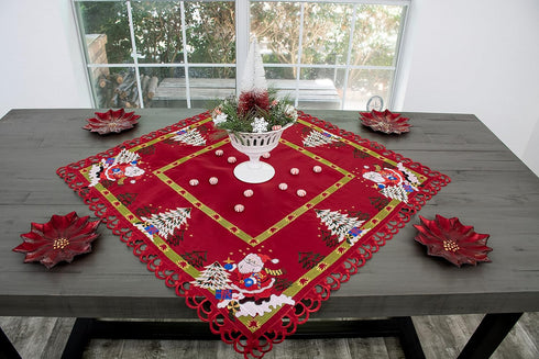 Embroidered Christmas Holiday Santa Claus and Christmas Trees Doily Table Topper Small Tablecloth on Red 33 Inches Square...