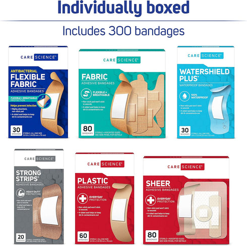 Care Science Variety Bandages Pack, 300 ct Bulk Assorted Sizes | Includes Active, All-Purpose, Waterproof, Heavy-Duty | Breathable Protection for ...