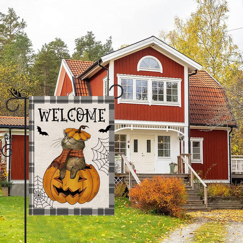 Halloween Garden Flag Cat Pumpkin Head Bat Buffalo Plaid Vertical Double Sided Flag Halloween Holiday Farmhouse Yard Lawn Outdoor Party Decor 12.5...
