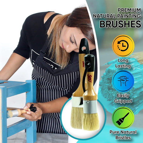Chalk Paint Brushes Set, Pack of 2 Wax Brush - 2.5 Inches Large, Natural Bristles, Perfect for Furniture Painting, Stencils, Waxing - No Shedding,...