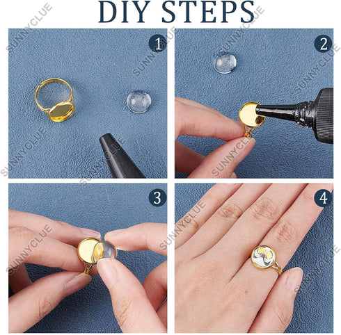 SUNNYCLUE DIY 1 Box 60Pcs Adjustable Ring Base Cabochon Rings Making Kit 30Pcs Finger Rings Blanks Blank Ring Bases Tray 30Pcs 12mm Flat Round Gla...