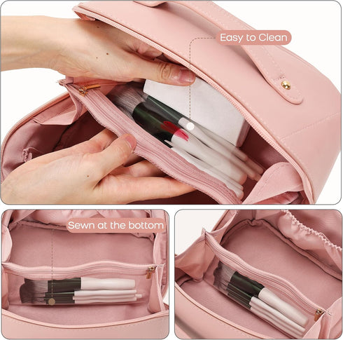Large Capacity Travel Cosmetic Bag for Women Makeup Bag Travelling Waterproof Portable PU Leather Makeup Organizer Travel Toiletry Bag with Handle...