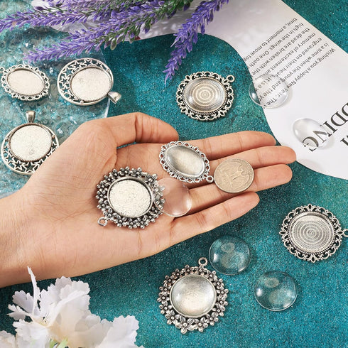 FASHEWELRY 16Pcs Oval Round Bezel Pendant Trays Antique Silver Bezel Blanks Cabochon Setting with Clear Glass Cabochon for Photo Pendant Craft Jew...