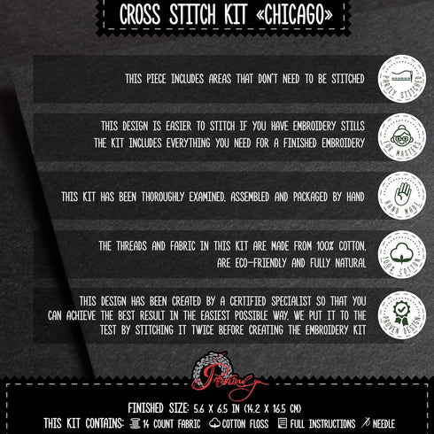 Povitrulya Counted Cross Stitch Kit for Adults “Chicago” - Chi-Town Cityscape Hand Embroidery Set with Pattern, 14-Count Aida Cloth and Pre-Sorted...