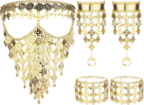 Sanfenly Belly Dance Jewelry Set for Women Cosplay Gold/Silver Coins Veil Triangle Bracelets with Ring and Coin Anklet Halloween Carnival Dance Pl...