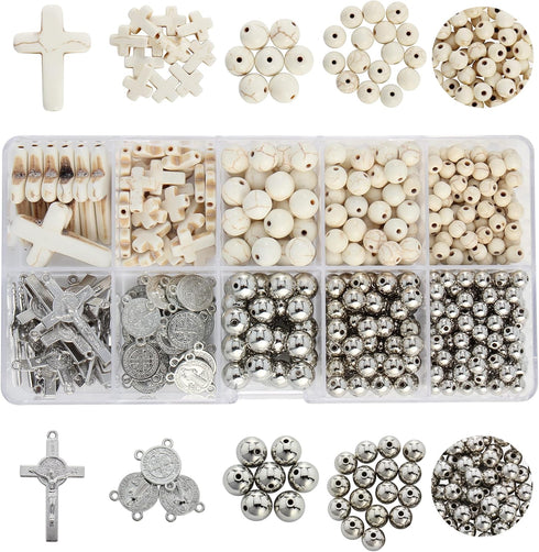 Firstmeet Jewelry Making Kit with Turquoise Round Beads and Cross Pendant, Rhodium Plated Spacer and Cross Charms for Necklace Bracelet Earrings M...