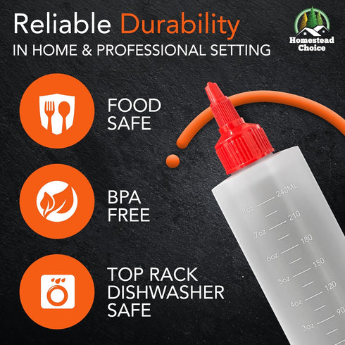 6-pack Plastic Squeeze Bottles for Sauces - 8oz Condiment Squeeze Bottles for Liquids - BPA Free Squirt Bottle with Twist Cap - Ketchup, Syrup, Oi...