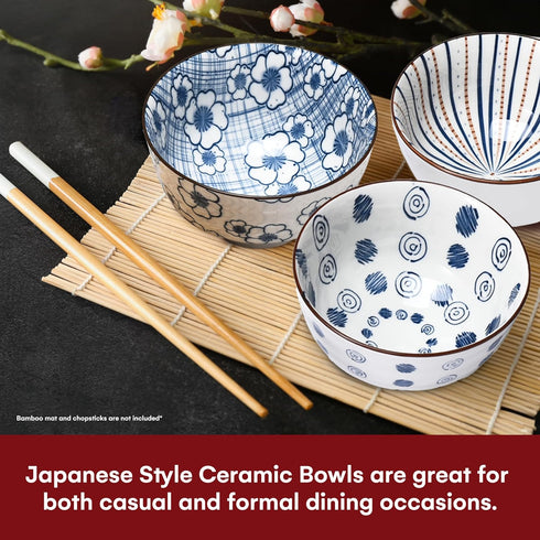 Japanese Rice Bowls Set of 6 - Porcelain Cereal Bowl in Vintage Blue White Design - Stackable Ceramic Dinner Set for Rice, Salad & Soup - Microwav...