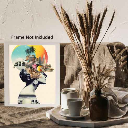 Posterizer 1 pcs-beaches and sunset-vintage woman collage-Abstract & Modern Art-Retro Art-Gift for Nature, Surfers and Beach Lovers- UNFRAMED Wall...