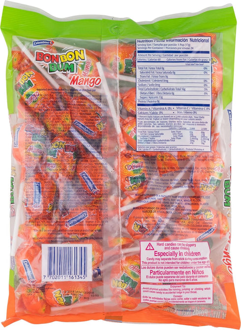 Colombina Bon Bon Bum Lollipops w/Bubble Gum Center, Mango Flavor, Individually Wrapped, Ideal for Party Favors and Gifts, 1 Pack (24 Count)...