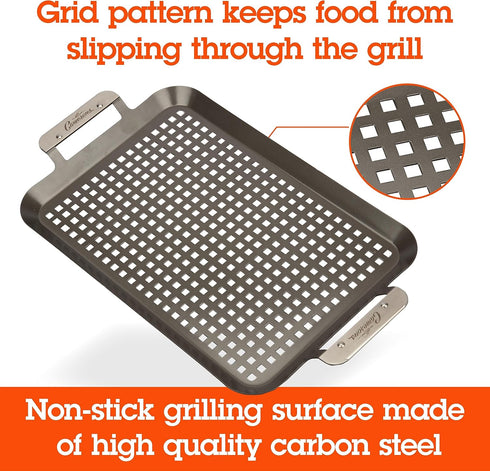 Camerons BBQ Grill Topper Grilling Pans (Set of 2)- Non-Stick Barbecue Trays w Stainless Steel Handles - Indoor Outdoor use for Barbecue & Smoked ...