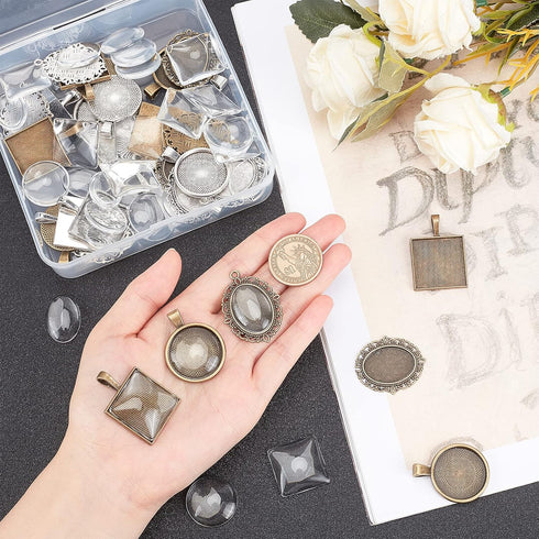 PH PandaHall 60pcs Pendant Trays, 30pcs Photo Charms Pendants Bezel Blanks with 30pcs Glass Cabochon Dome Round Oval Square Tiles for Bouquet Wedd...